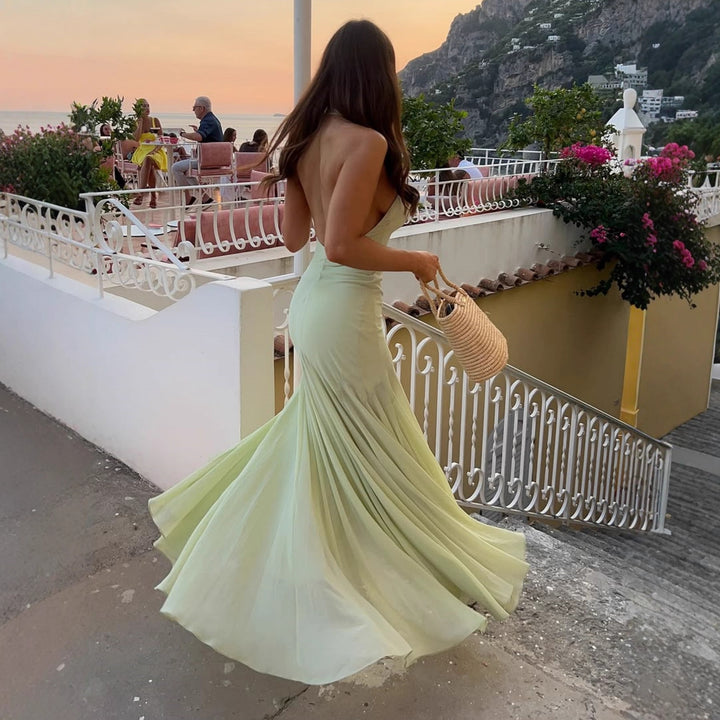 Damen elegantes Maxikleid mit tiefem V-Ausschnitt und transparentem Überwurf Echo Archiv