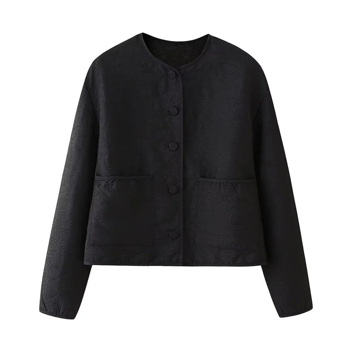 Damen gesteppte Kurzjacke mit Rundhals, verdeckter Druckknopfleiste und aufgesetzten Taschen – Célinea