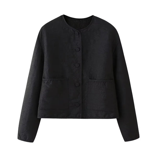 Damen gesteppte Kurzjacke mit Rundhals, verdeckter Druckknopfleiste und aufgesetzten Taschen – Célinea