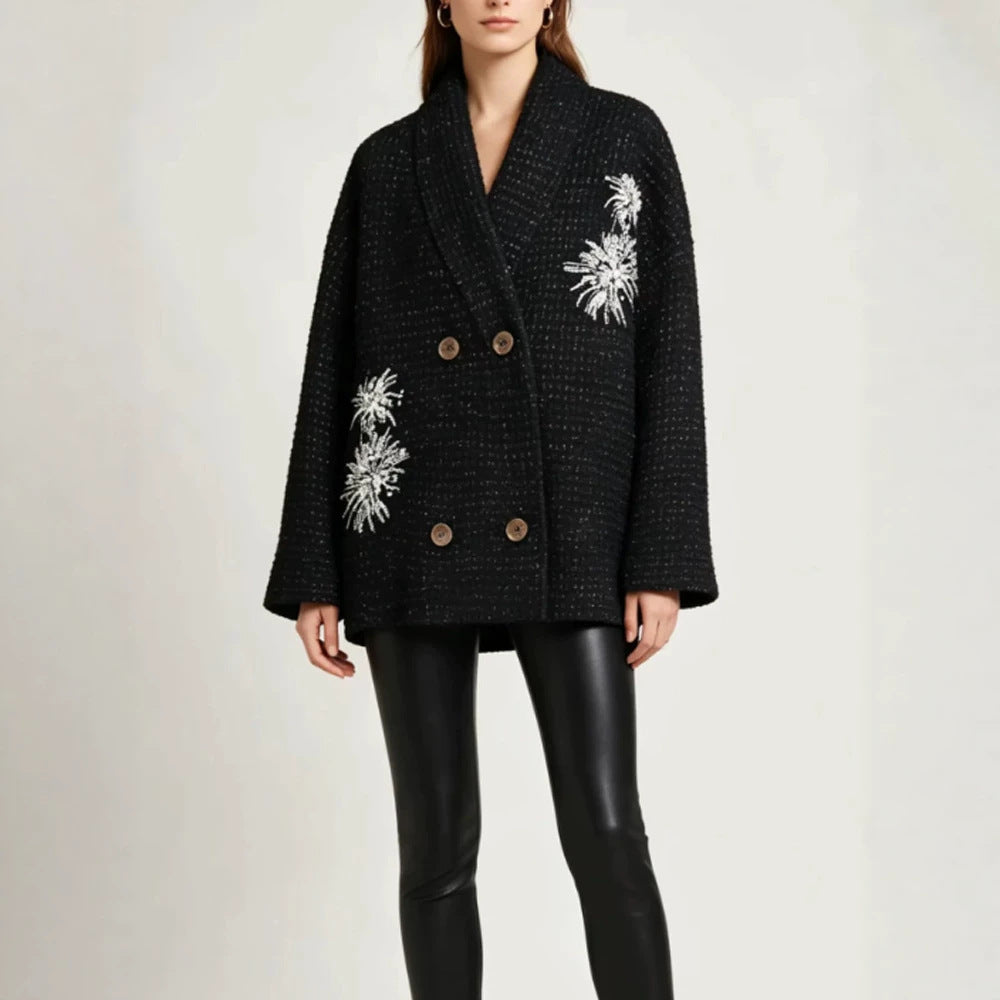 Damen Oversize-Bouclé-Manteljacke mit Schalkragen und floraler Stickerei Echoarchiv