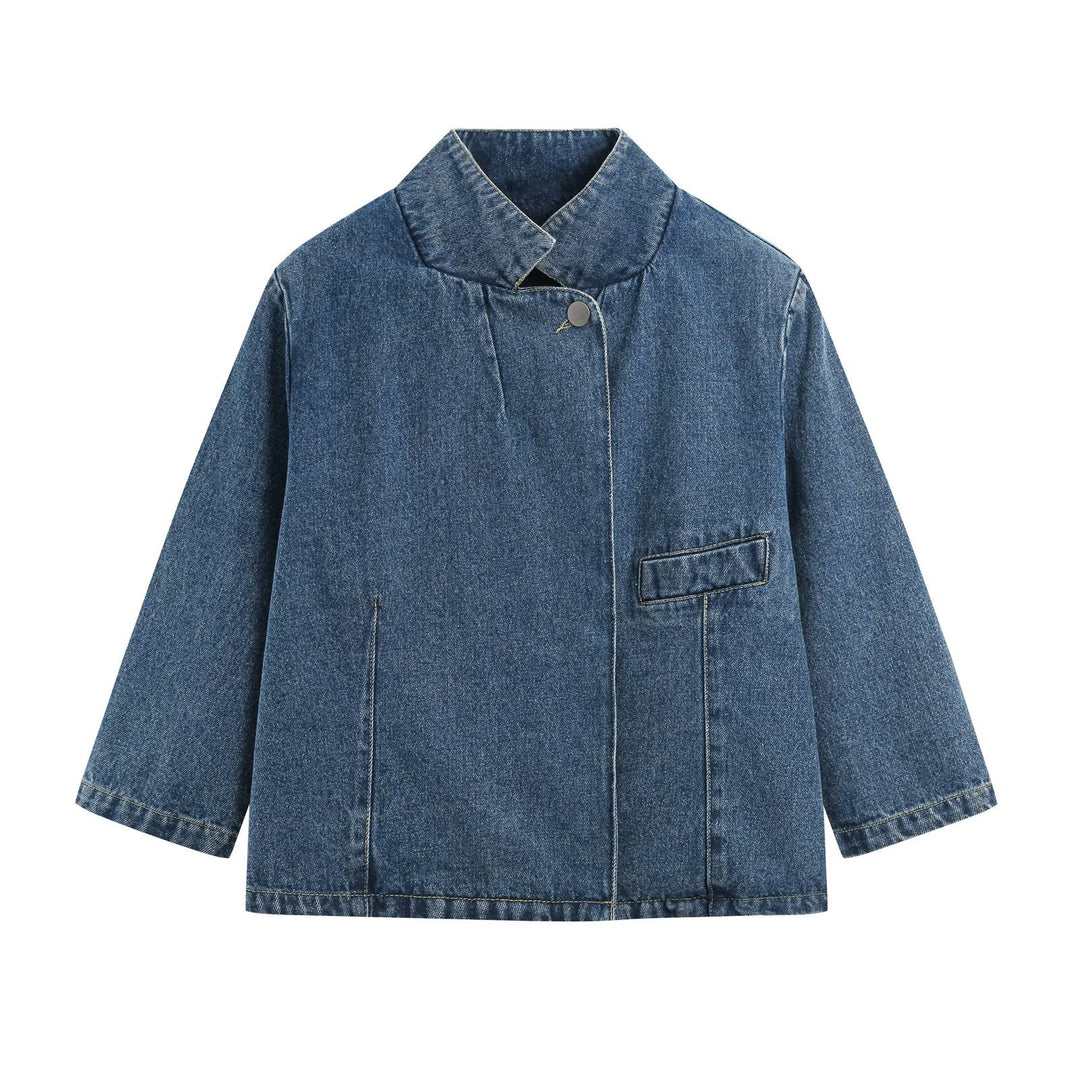 Damen Denim-Set aus boxiger Jacke mit Stehkragen und hochgeschnittener Schlaghose Echo Archiv