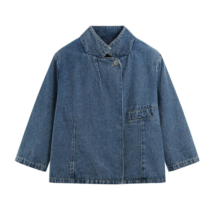 Damen Denim-Set aus boxiger Jacke mit Stehkragen und hochgeschnittener Schlaghose Echo Archiv