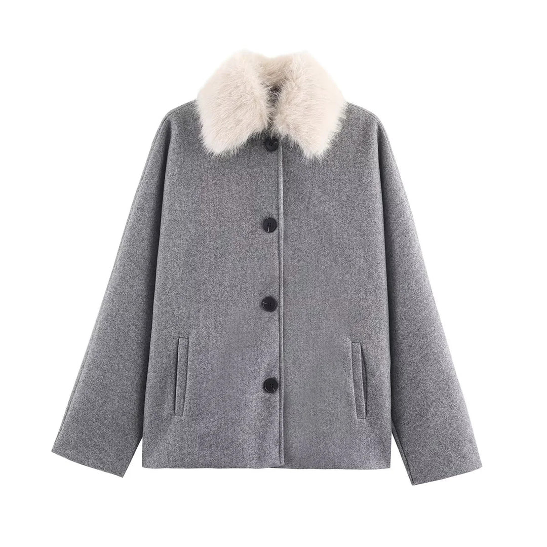 Damen kurz geschnittene kastige Wollmix-Jacke mit abnehmbarem Kunstpelzkragen und Leistentaschen – Célinea
