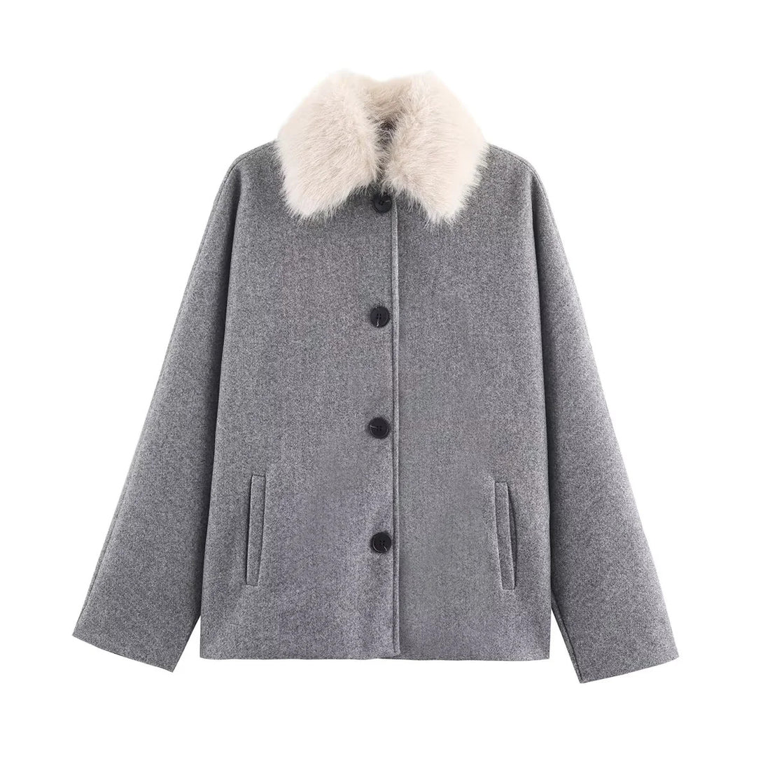 Damen kurz geschnittene kastige Wollmix-Jacke mit abnehmbarem Kunstpelzkragen und Leistentaschen – Célinea