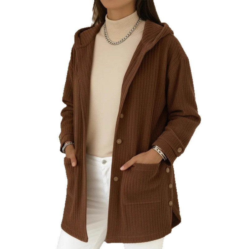 Damen Langer Kapuzen-Strickcardigan mit Rippenstruktur, Knopfleiste und Seitentaschen Echo Archiv