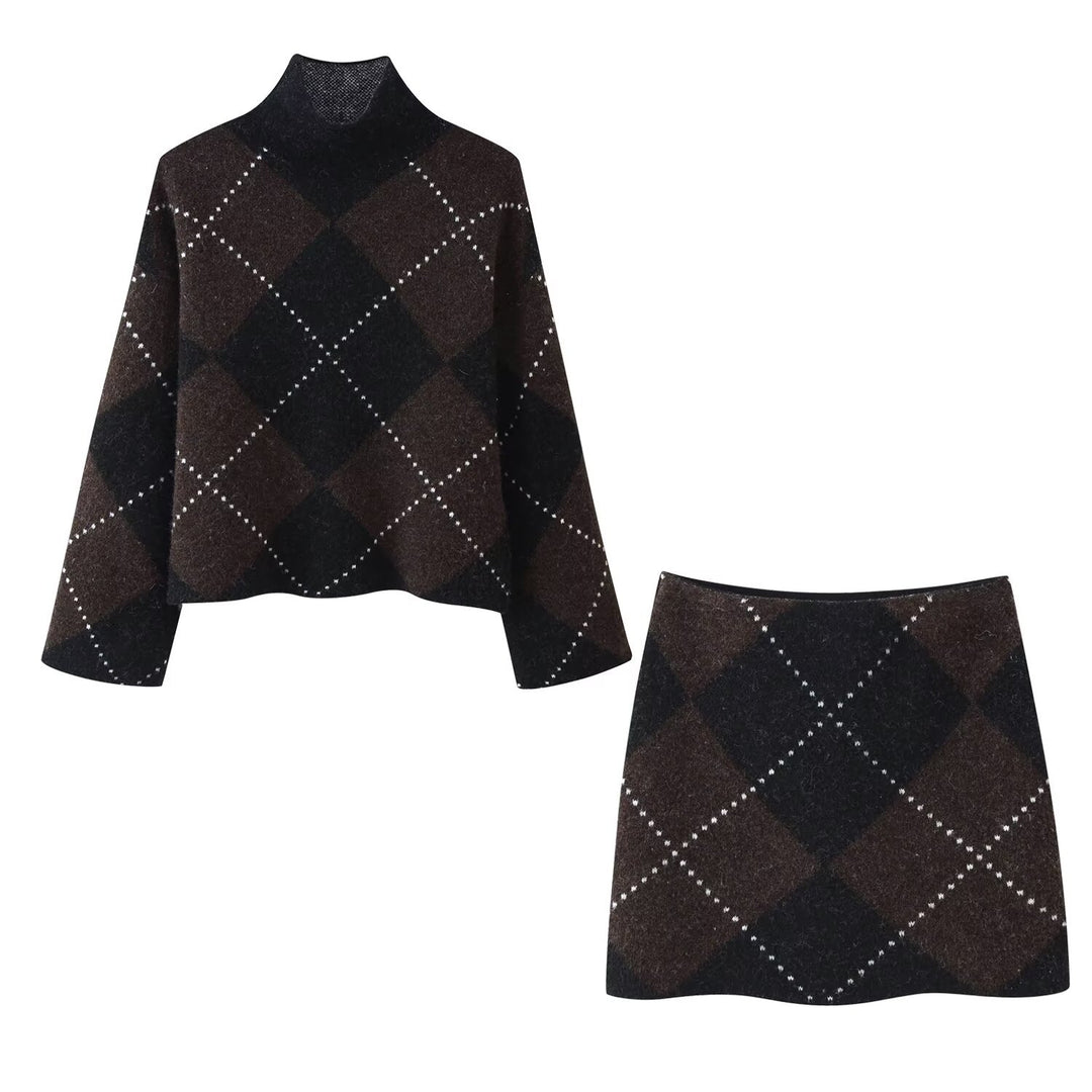 Damen Strick‑Set aus Rollkragen‑Poncho und Minirock mit Argyle‑Muster Echo Archiv