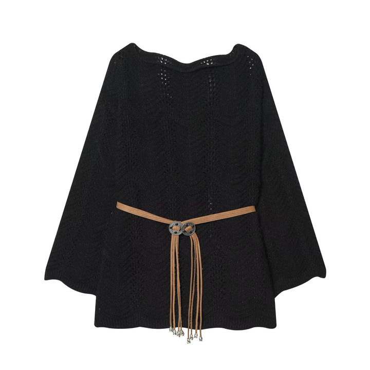 Damen Gestricktes Poncho-Cape mit Ajourmuster und Lederquasten-Gürtel Echo Archiv
