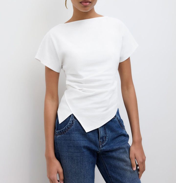 Damen Cropped T-Shirt mit asymmetrischem Schnitt und dekorativem Drapierungseffekt Echo Archiv