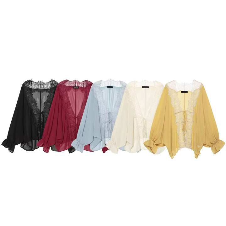 Damen Kaftan-Bluse mit Spitzenkante, Bindeband und Ballonärmeln Echo Archiv