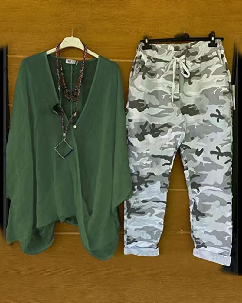 Damen nan Zweiteiler aus fließendem Kimono-Top und Camouflage-Jogginghose Echo Archiv