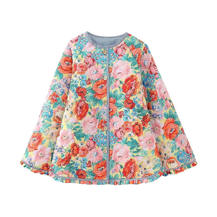 Damen nan gesteppte Swingjacke mit Blumenquilt Rundhals und Rüschensaum Echo Archiv