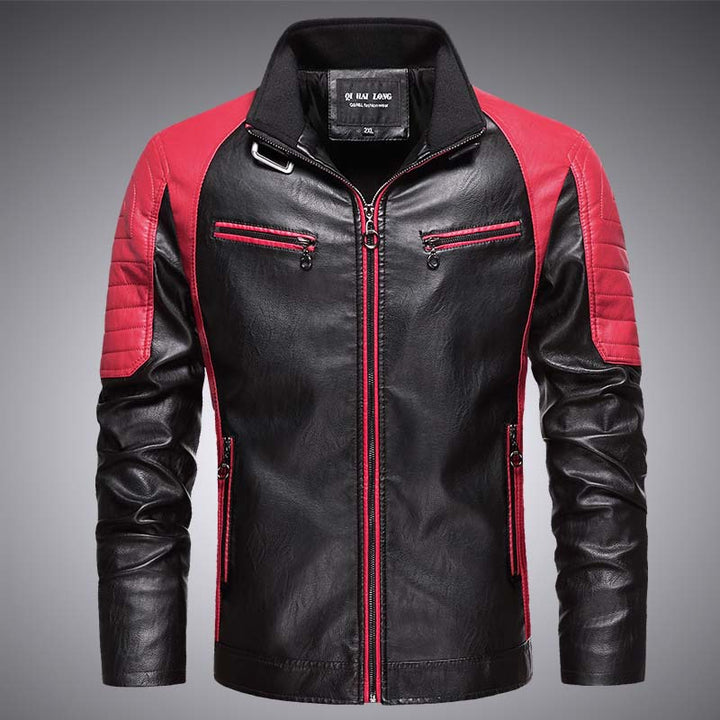 Herren Biker-Lederimitatjacke im Racing-Stil mit Stehkragen und Reißverschlusstaschen Echoarchiv