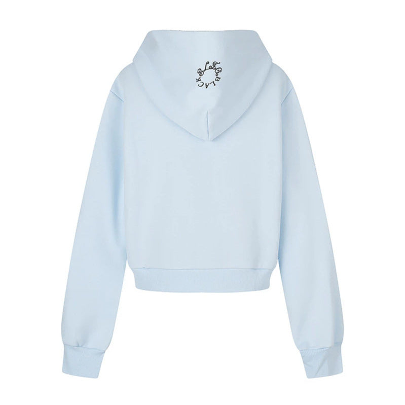 Damen Kapuzen-Sweatjacke mit Fotoprint, kurzem Cropped-Schnitt und Kreuz-Zipper Echoarchiv