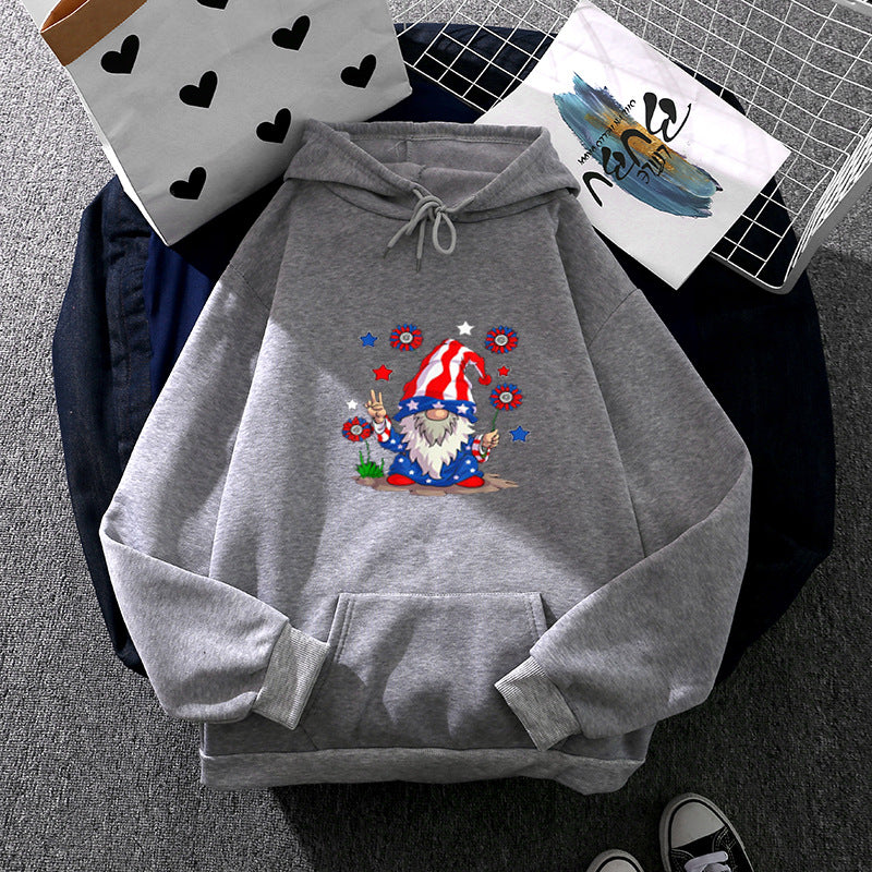 Damen Kapuzenpullover mit patriotischem Gartenzwerg-Print, angerautem Fleece-Innenfutter, Oversize-Schnitt und Kängurutasche – Auréline