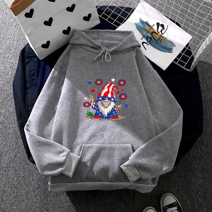 Damen Kapuzenpullover mit patriotischem Gartenzwerg-Print, angerautem Fleece-Innenfutter, Oversize-Schnitt und Kängurutasche – Auréline