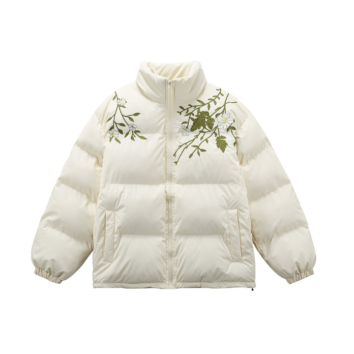Damen Gepolsterte Oversize-Steppjacke mit Stehkragen und Blumenstickerei Echoarchiv