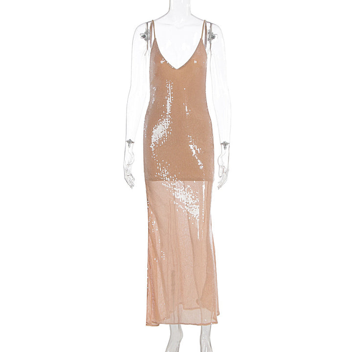 Damen Glamouröses Abendkleid mit funkelndem Paillettenbesatz und tiefem V-Ausschnitt Echo Archiv