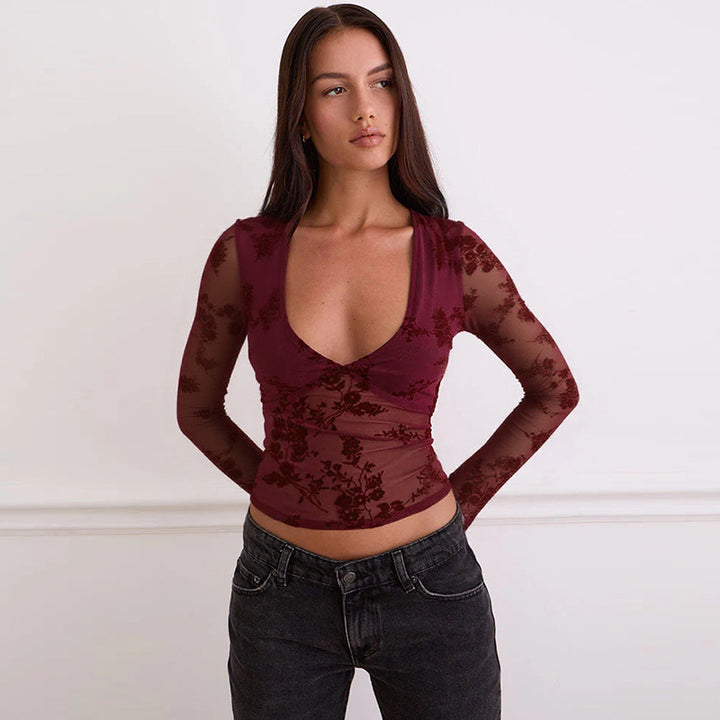 Damen transparente Spitzenbluse mit V-Ausschnitt und langen Ärmeln Echo Archiv