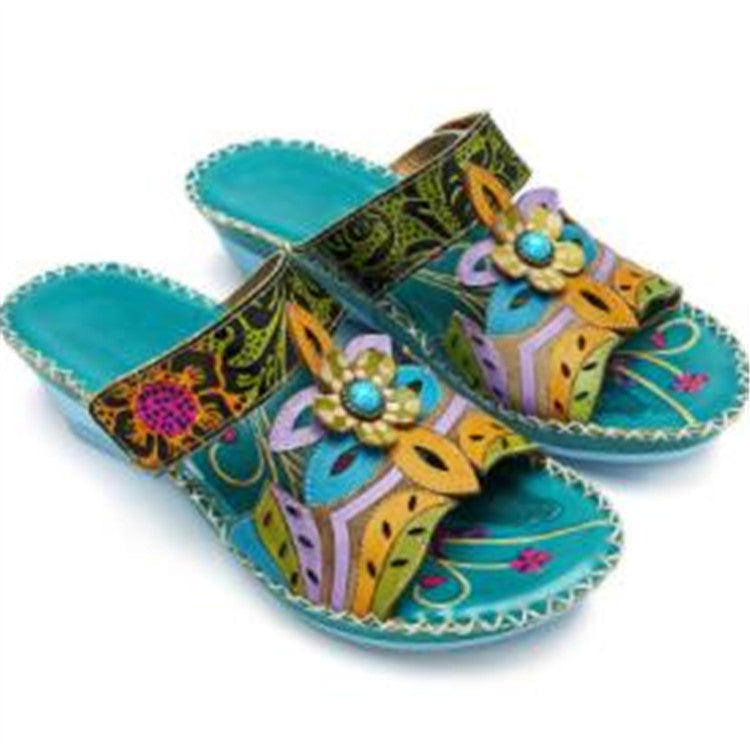 Damen Keil‑Pantolette mit Blumendekor und handgefertigten Lederapplikationen Echo Archiv