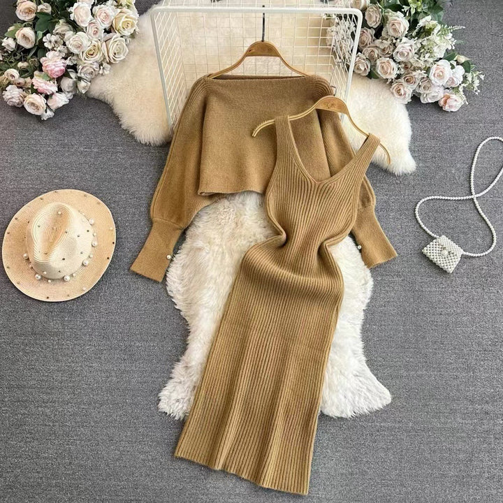 Damen Elegantes Strickkleid mit V-Ausschnitt und passendem Cardigan Echo Archiv