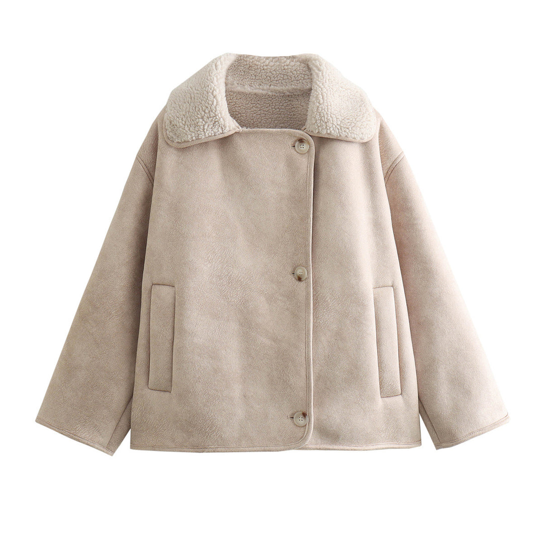 Damen nan kurzer Lammfellimitat-Blouson mit Teddyfutter, Hemdkragen und Eingrifftaschen Echo Archiv