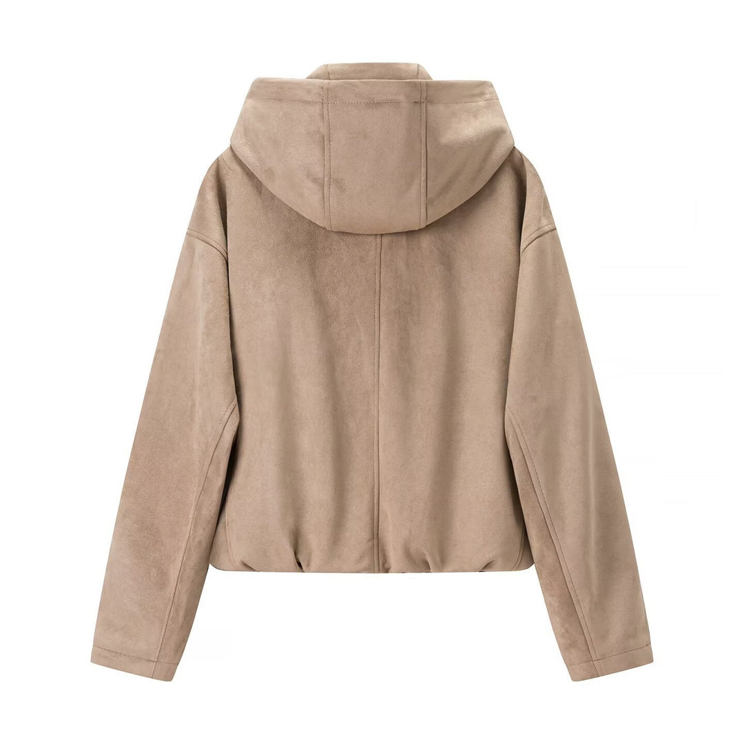 Damen Kurzjacke im Veloursleder‑Look mit Kapuze, Tunnelzug und Reißverschluss Echo Archiv