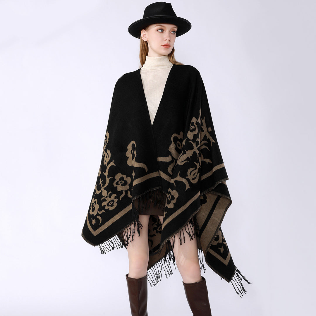 Damen Umhangponcho mit floralen Jacquard-Panels und Fransensaum – Célinea