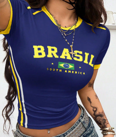 Damen T-Shirt mit kreativem Brasilien-Design und körperbetontem Schnitt Echo Archiv