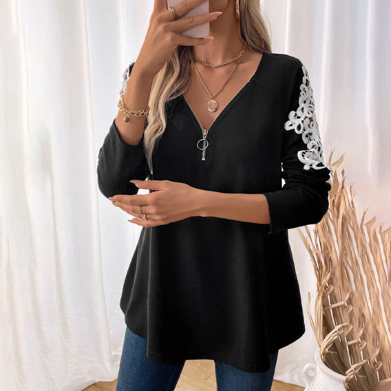 Damen Lässiges Longsleeve-Tunika-Shirt mit V‑Reißverschluss und Spitzenapplikation Echoarchiv