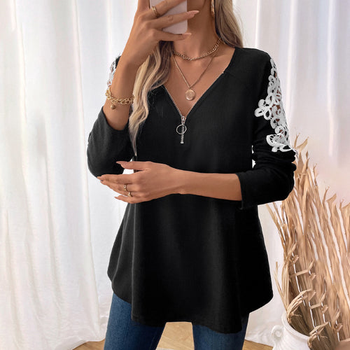 Damen Lässiges Longsleeve-Tunika-Shirt mit V‑Reißverschluss und Spitzenapplikation Echoarchiv