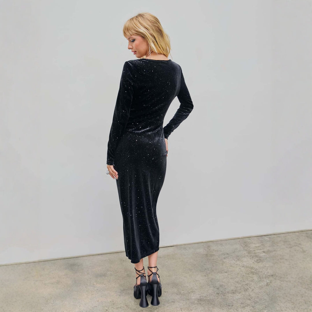 Damen glamouröses Samt-Wickelkleid mit Glitzereffekt, Raffung und hohem Beinschlitz – Élara