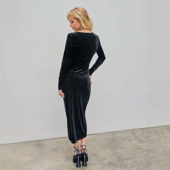 Damen glamouröses Samt-Wickelkleid mit Glitzereffekt, Raffung und hohem Beinschlitz – Élara