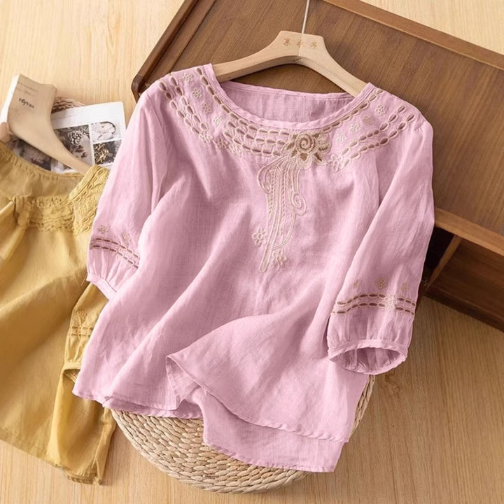 Damen Bestickte Leinenoptik-Bluse mit Rundhalsausschnitt und Dreiviertelärmeln – Élovi