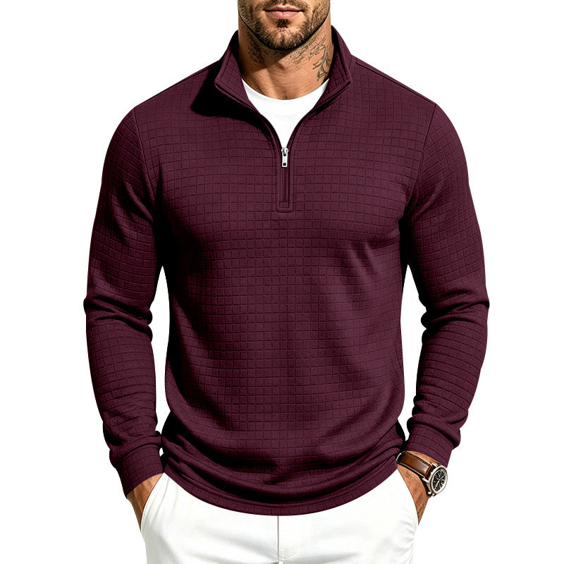 Herren Slim-Fit Pullover mit halbem Reißverschluss und geprägter Quadratstruktur Echoarchiv