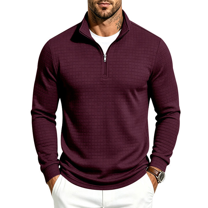 Herren Slim-Fit Pullover mit halbem Reißverschluss und geprägter Quadratstruktur Echoarchiv