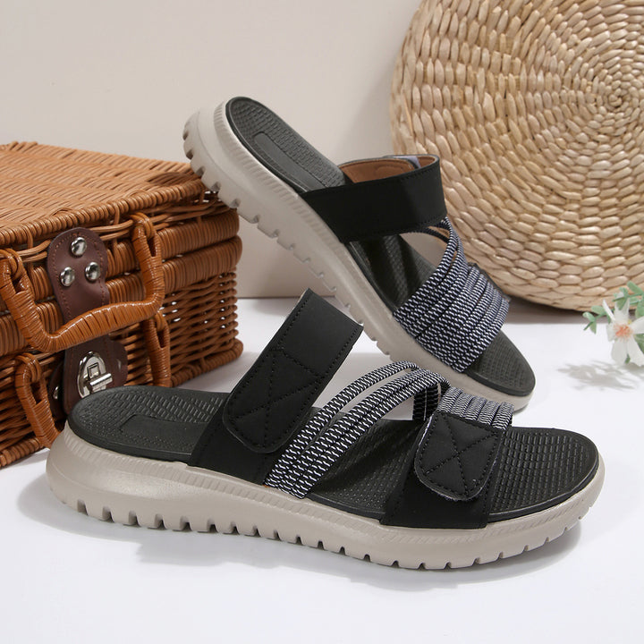 Damen Komfort-Pantolette mit verstellbaren Klettriemen, elastischen Zierbändern und stoßdämpfender Profilsohle Echo Archiv
