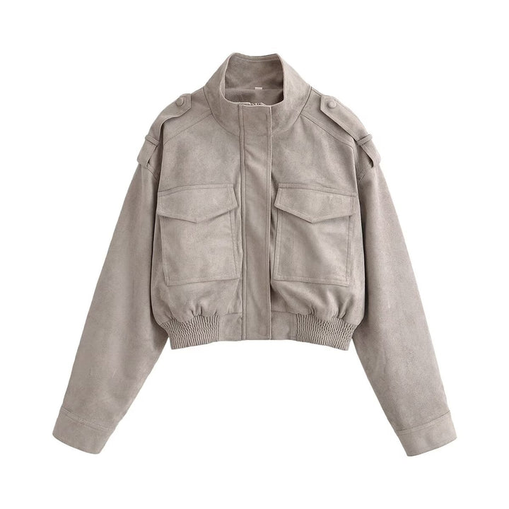 Damen Kurzblouson im Fieldstil aus Veloursleder-Optik mit Stehkragen, Schulterriegeln und breitem Rippbund Echoarchiv