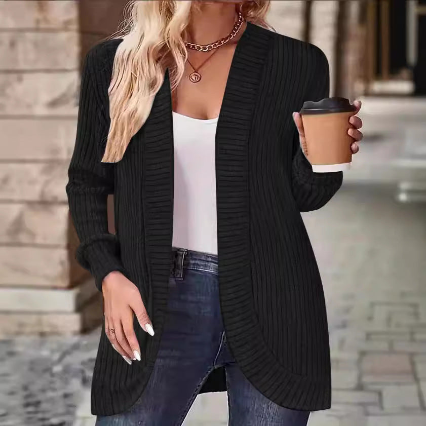 Damen Langer Offener Rippstrick-Cardigan mit abgerundetem Saum – Veloura