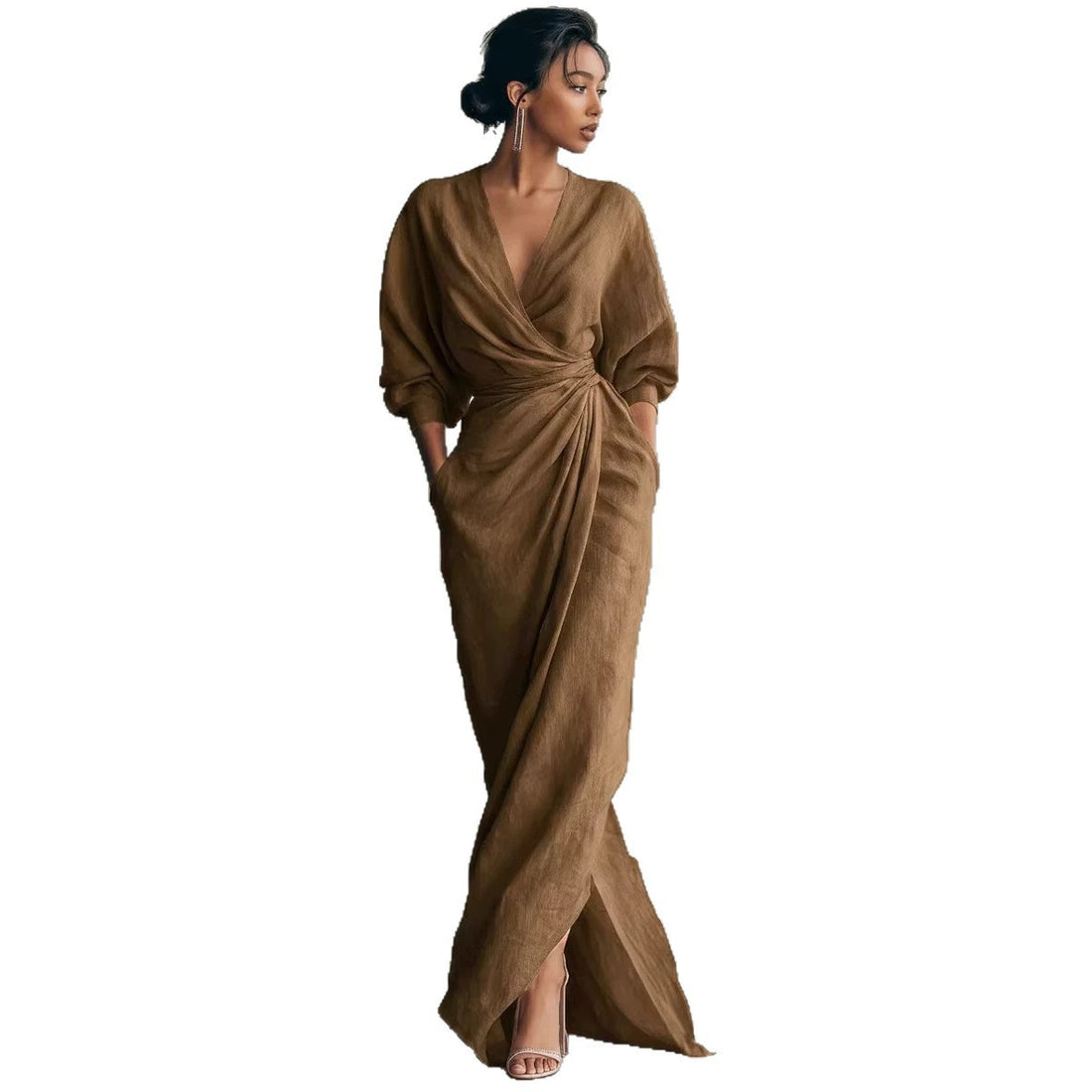 Damen Wickel-Maxikleid aus Leinenmix mit tiefem V-Ausschnitt und Ballonärmeln Echoarchiv