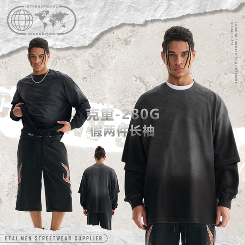Herren Layered-Langarmshirt mit doppellagigen Ärmeln, verwaschener Vintage-Waschung und dezenten Ausfransungen Echo Archiv