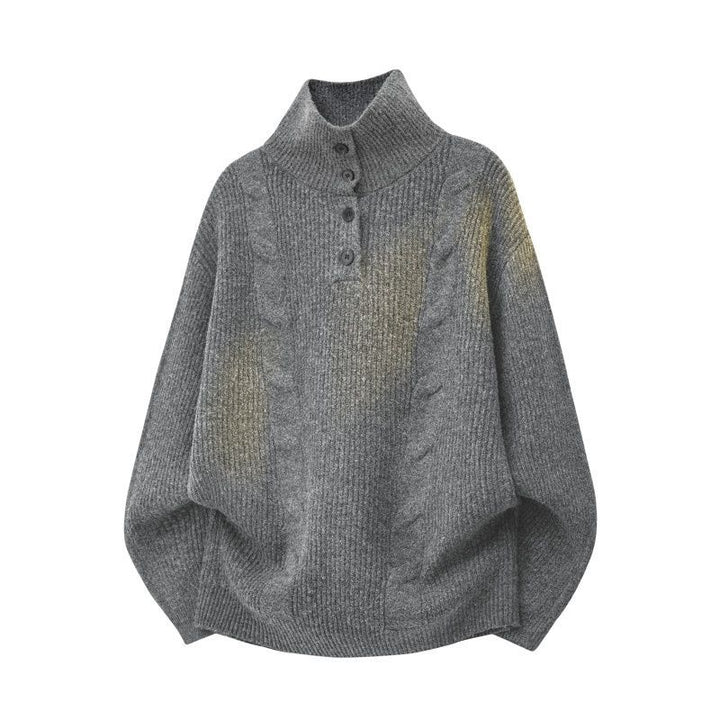 Damen Oversize Zopfstrickpullover mit hohem Rollkragen und Knopfleiste Echoarchiv