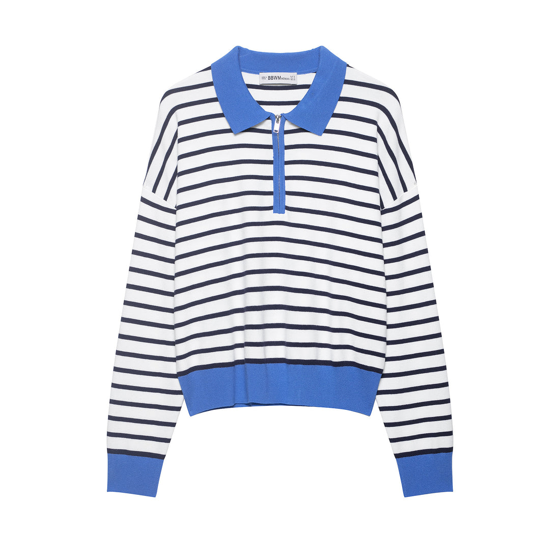 Damen Gestreiftes Cropped Strickpolo mit halbem Reißverschluss und breitem Rippbund Echoarchiv