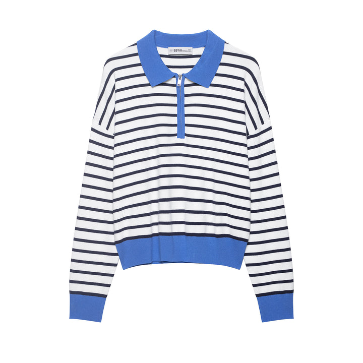 Damen Gestreiftes Cropped Strickpolo mit halbem Reißverschluss und breitem Rippbund Echoarchiv