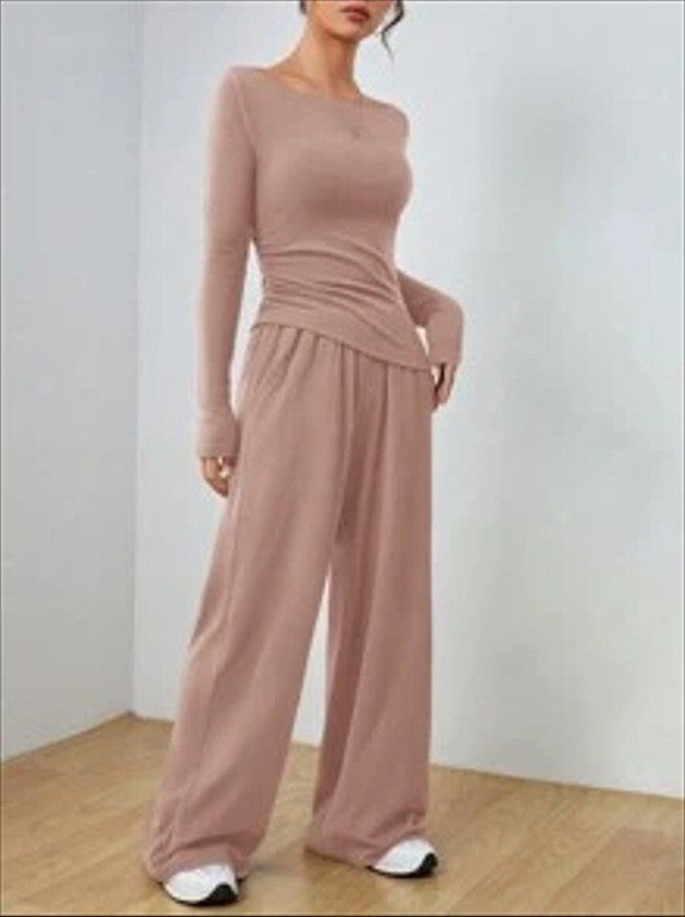 Damen Lässiges Two‑Piece Lounge‑Set mit U‑Boot‑Ausschnitt, taillierter Drapierung und weitem Palazzohose Echo Archiv