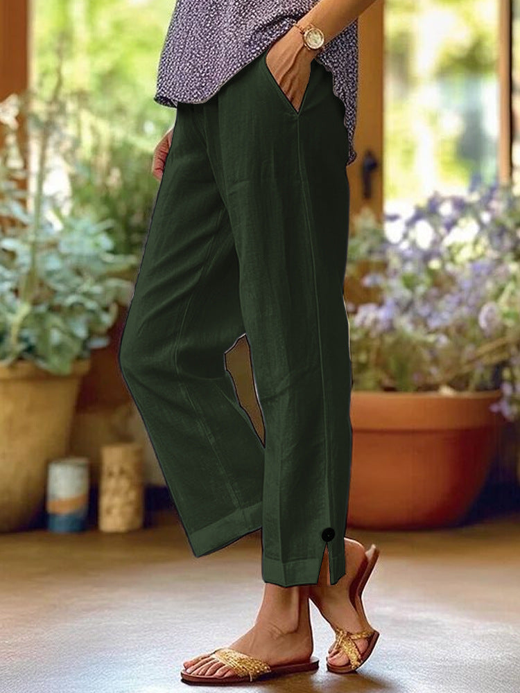 Damen Leinenhose mit lockerer, knöchellanger Passform, seitlichen Eingrifftaschen und Zierknopf-Details – Avélisse