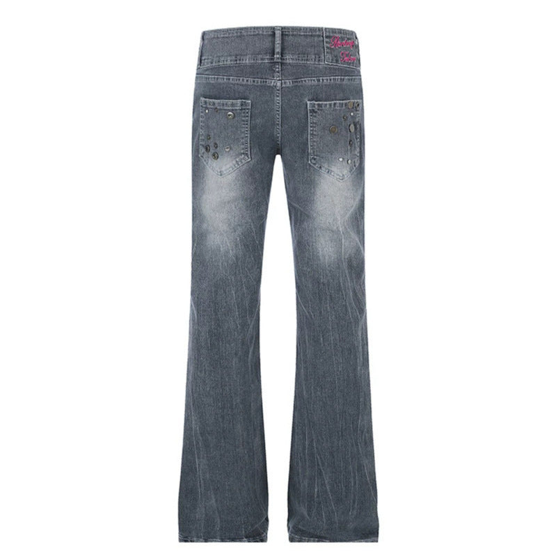 Damen High‑Waist Flared-Jeans mit weitem Bein, Doppelknopf und Nieten-Detail Echoarchiv
