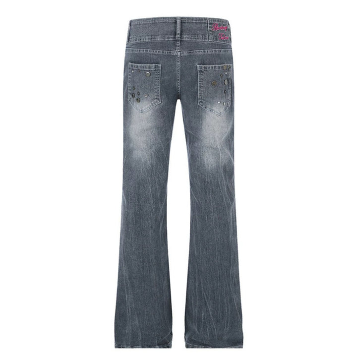 Damen High‑Waist Flared-Jeans mit weitem Bein, Doppelknopf und Nieten-Detail Echoarchiv