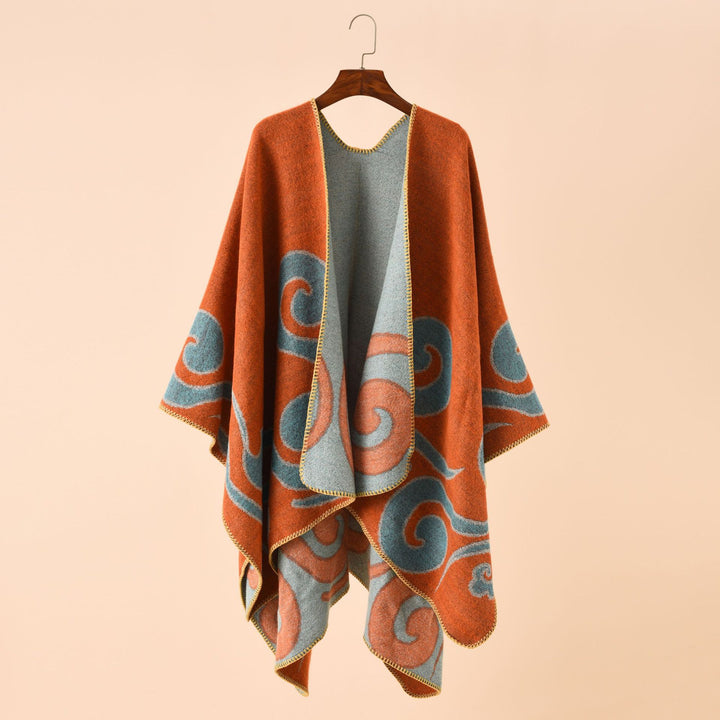 Damen Wollmix-Capeponcho im Ruana-Schnitt mit ornamentaler Intarsienstruktur – Montévia