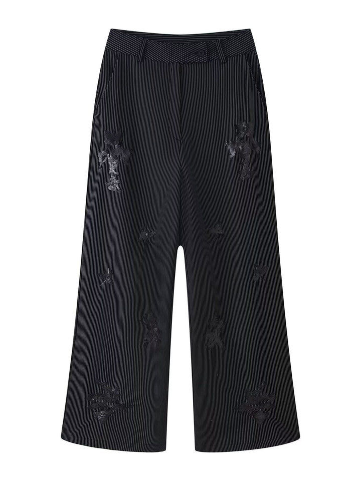 Damen Hochtaillierte Culotte-Hose mit Nadelstreifen und Pailletten-Applikation Echoarchiv