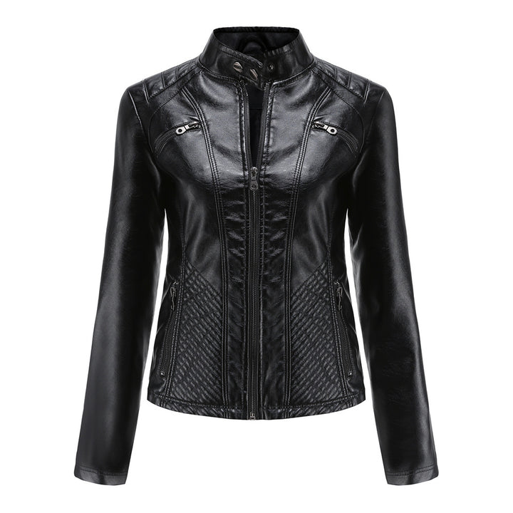 Damen nan taillierte Bikerjacke aus Kunstleder mit Stepppaneelen und Stehkragen Echo Archiv